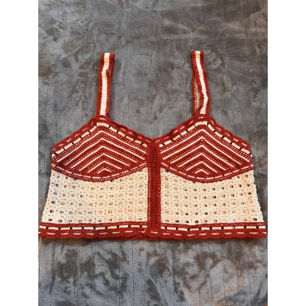Jason Wu Crochet Crop Top Rust Orange Cream Geometric Knit Camisole Size 10